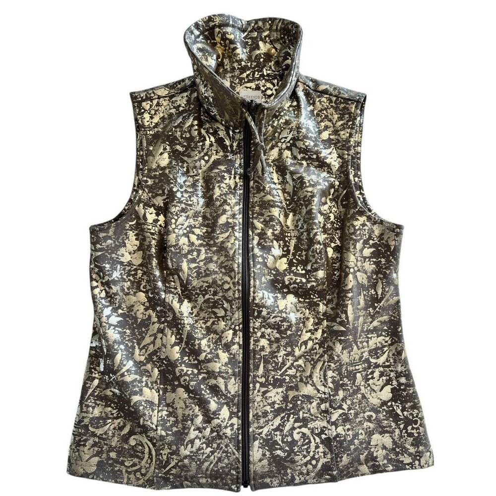 CHICO'S  SIZE 1  Medium Weekends By Chicos Jazzy Metalic Gold Zip Vest